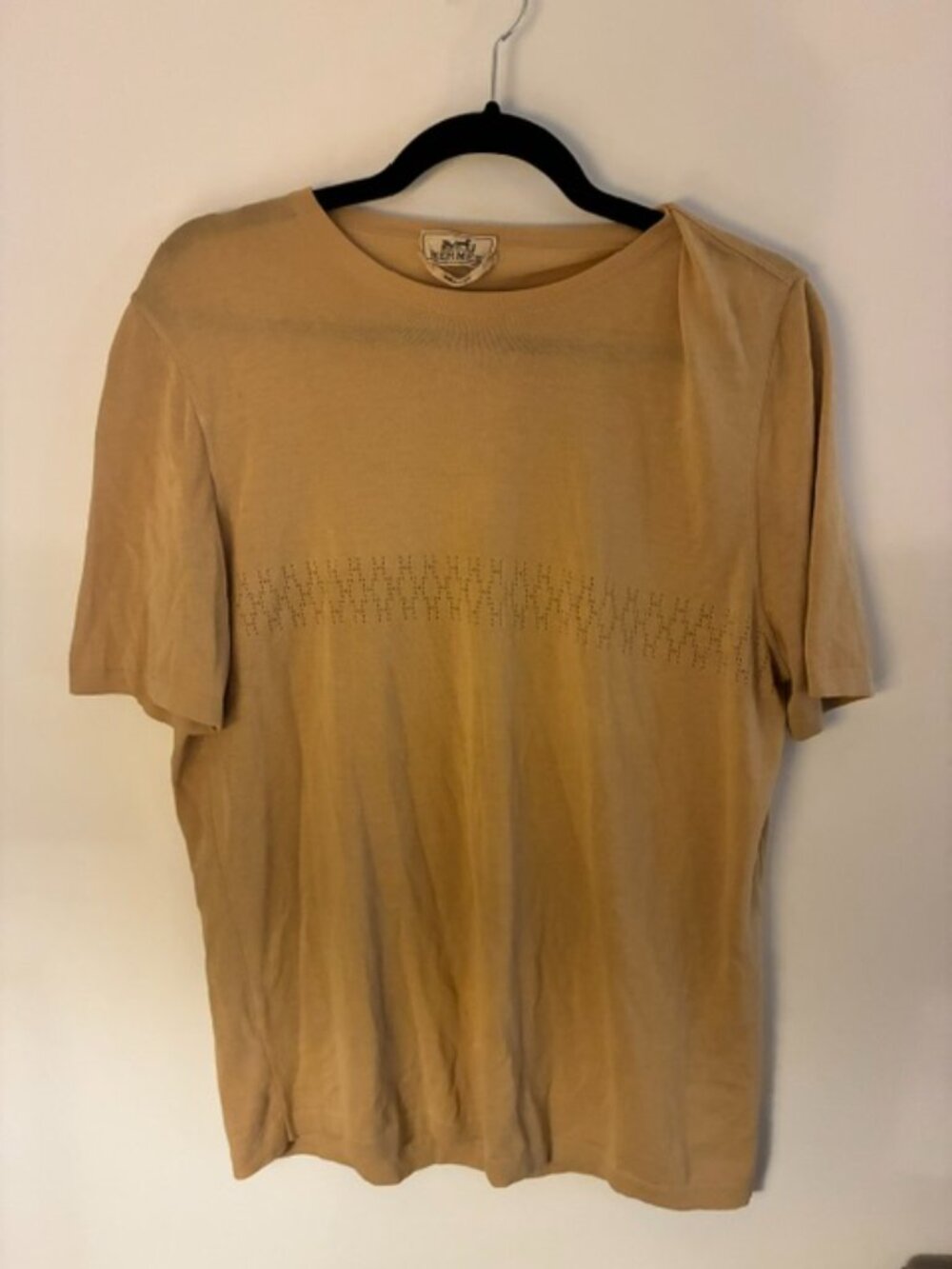Vintage Hermes Fine Knit Cotton Tee Tan Pointelle H Pattern Made in Italy M